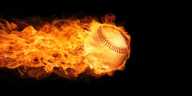Baseball engulfed in bright orange flames streaking across black background