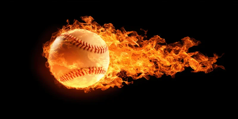 Baseball engulfed in bright orange flames streaking across black background