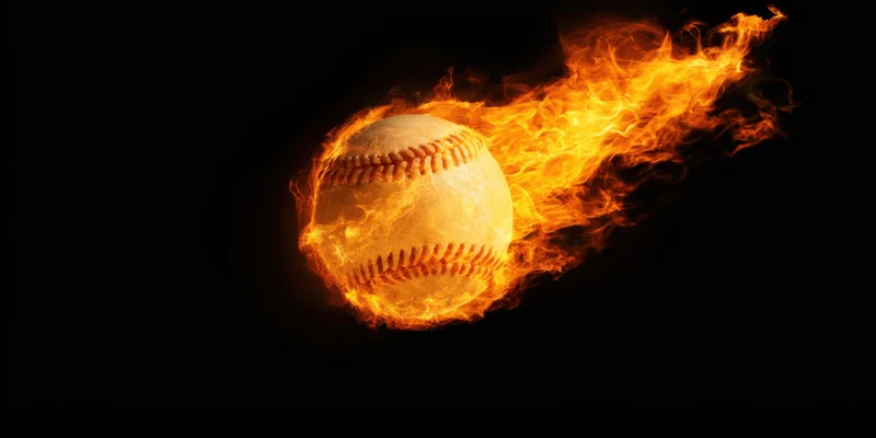 Baseball engulfed in bright orange flames streaking across black background