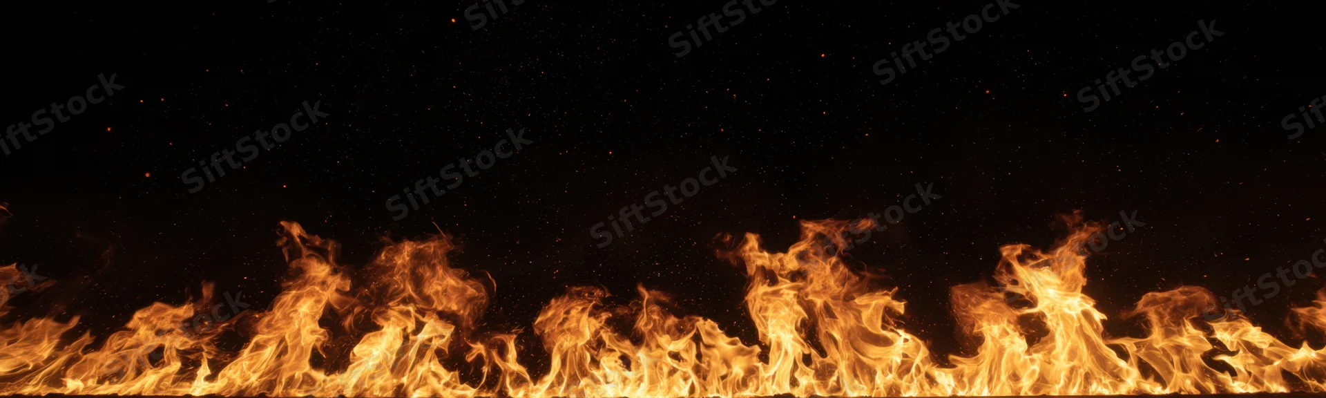 Flames erupting along the lower edge against a dark starry sky