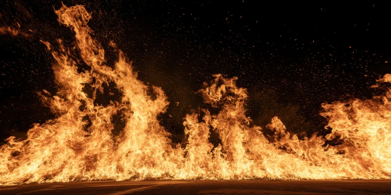 Blazing fire erupts along the lower edge of a dark outdoor surface at night