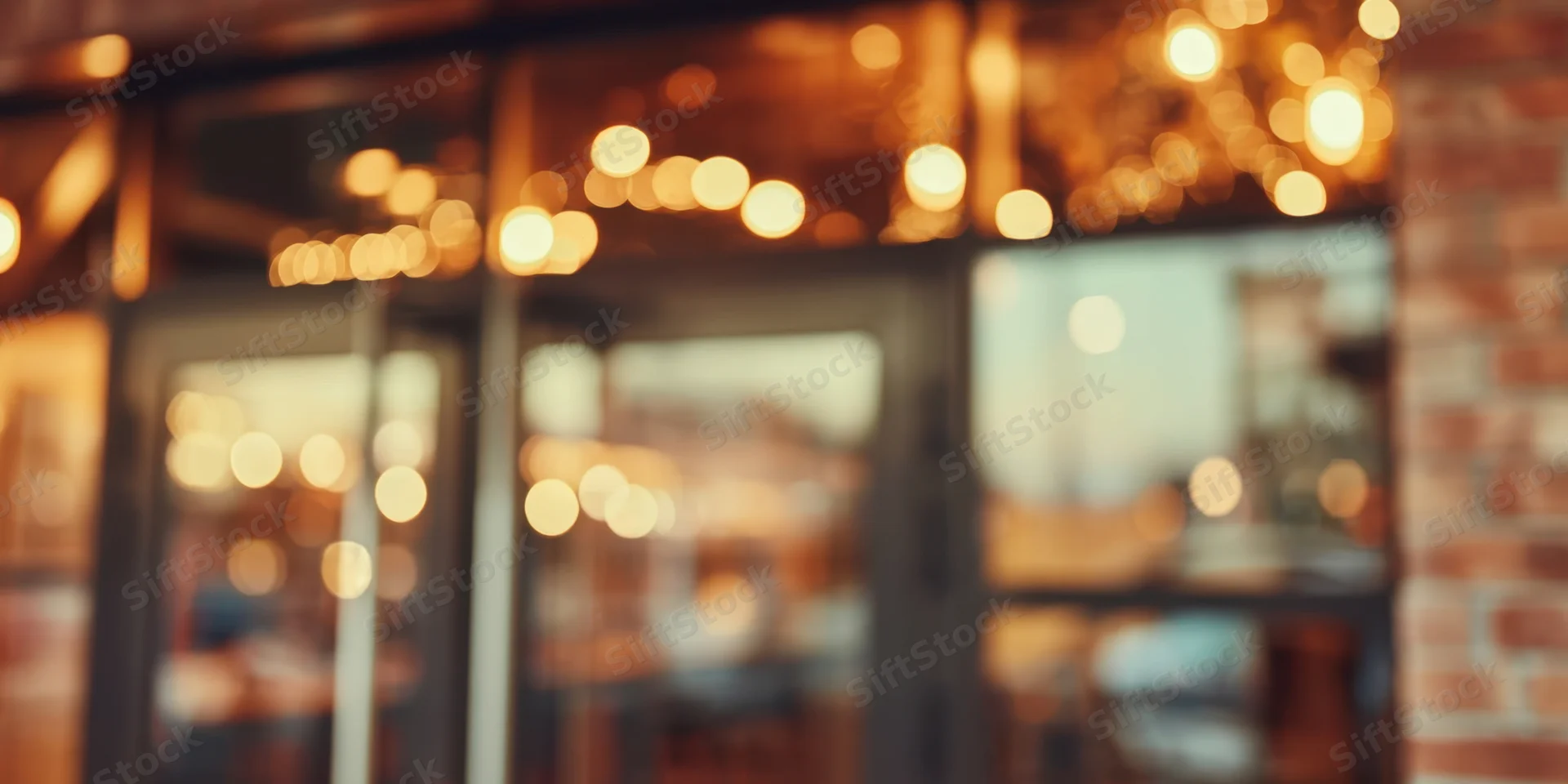 Blurred storefront with glass doors and large windows showing warm interior lighting