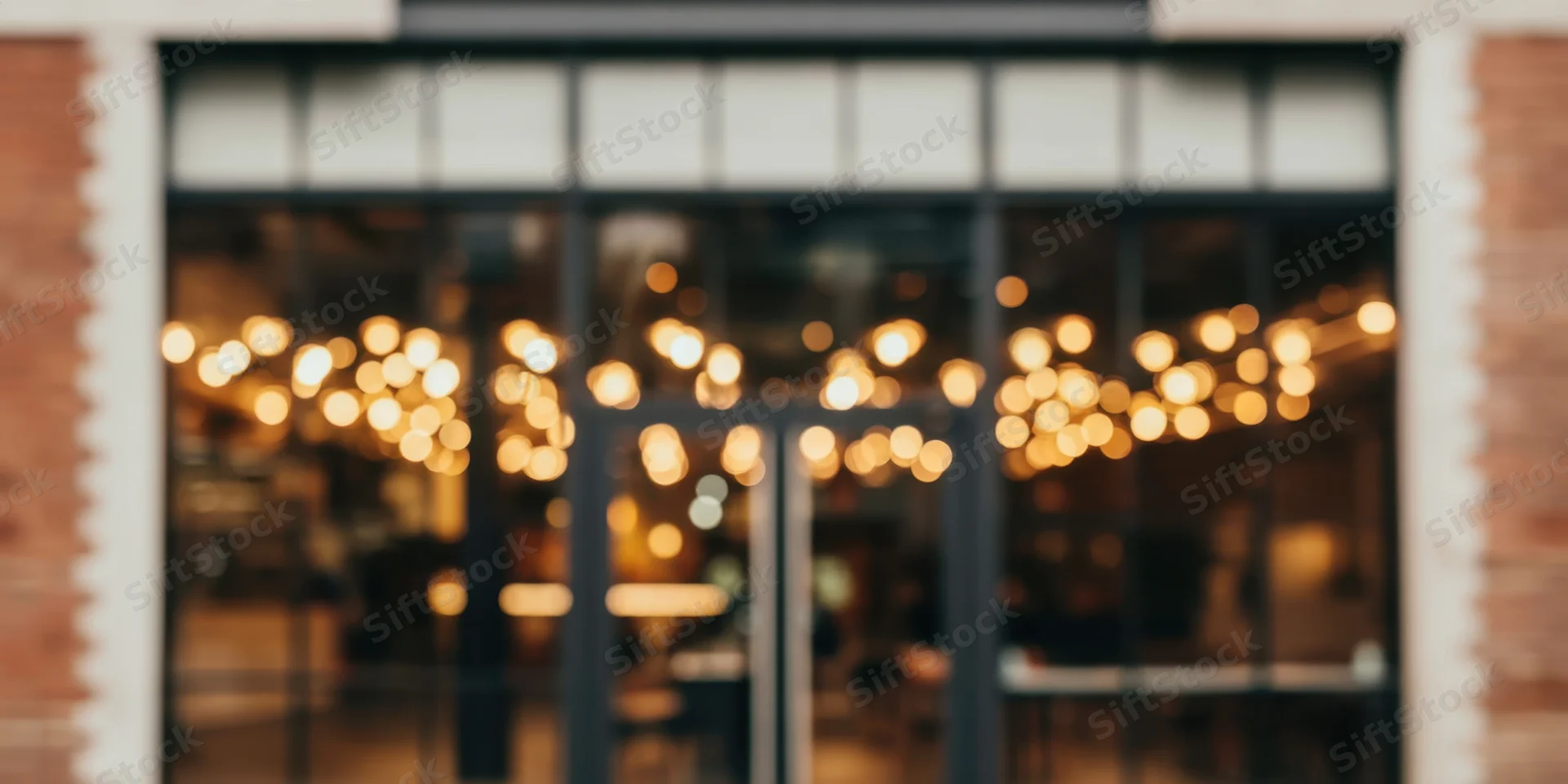 Blurred storefront with glass doors and large windows showing warm interior lights