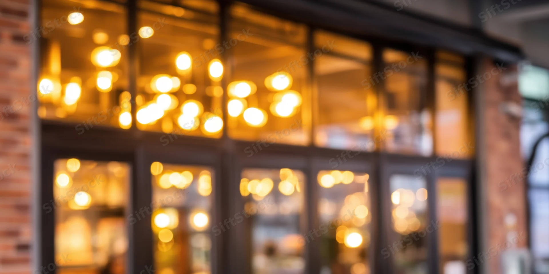 Blurred storefront with glass doors and large windows showing warm interior lighting