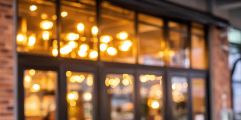 Blurred storefront with glass doors and large windows showing warm interior lighting