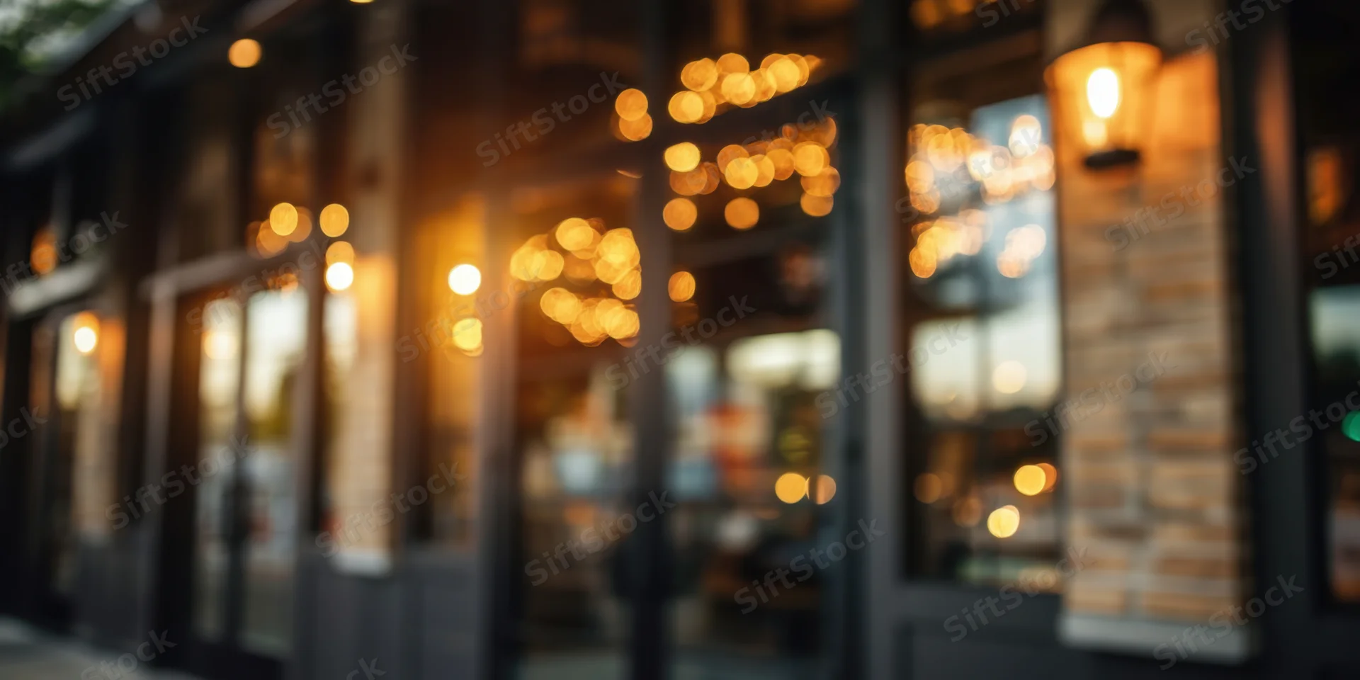 Blurred storefront with glass doors and large windows lit warmly at evening