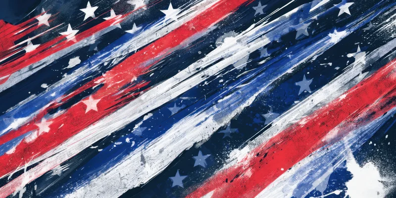 Abstract patriotic composition with red white and blue brushstrokes arranged diagonally across the frame