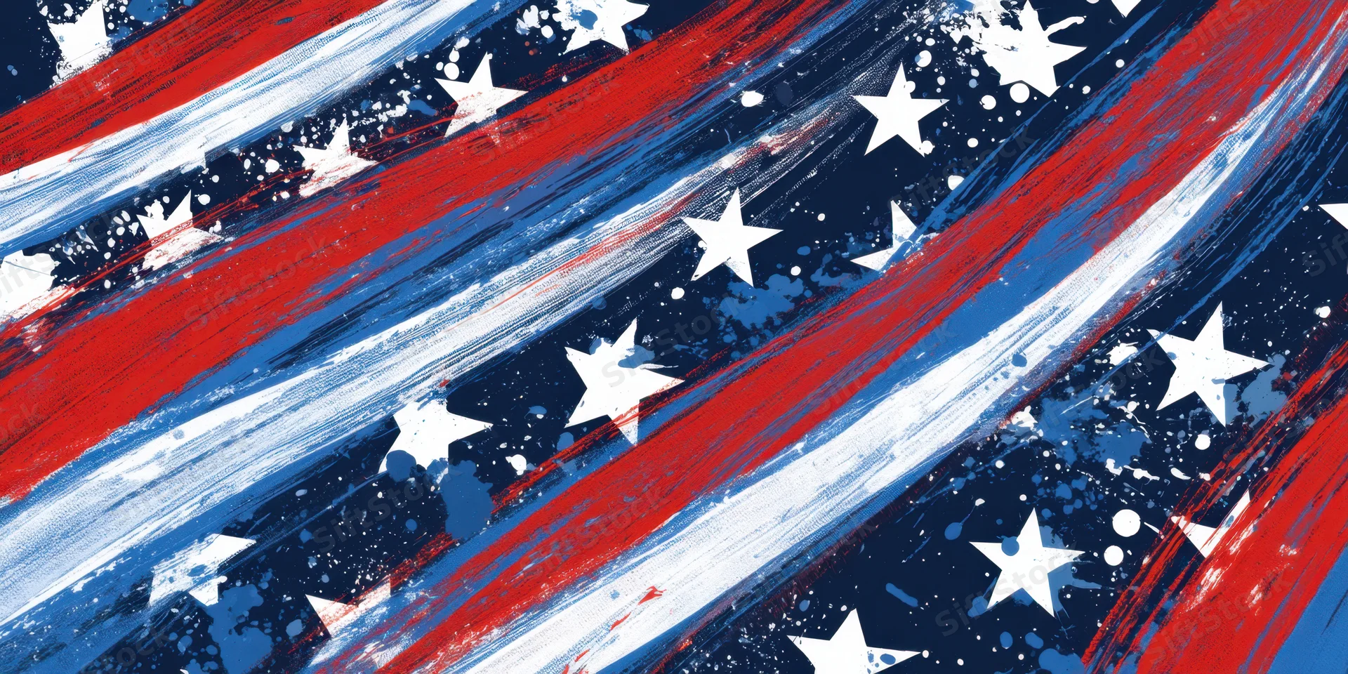 Abstract patriotic design with red white and blue brushstrokes and stars forming a flag pattern