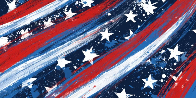 Abstract patriotic design with red white and blue brushstrokes and stars forming a flag pattern