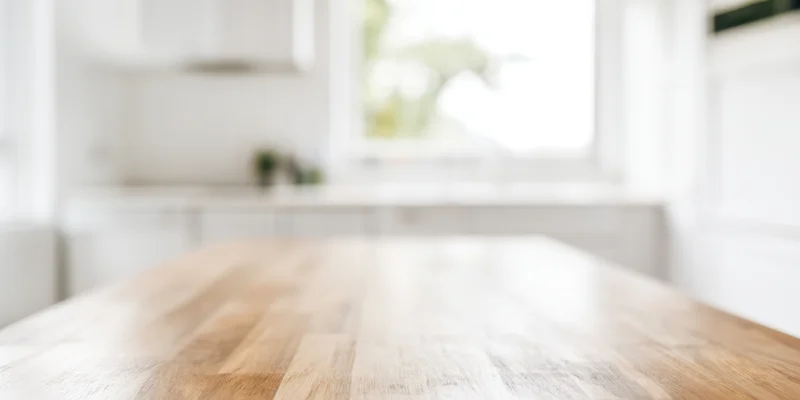 Smooth light wooden table in a bright minimalist kitchen interior