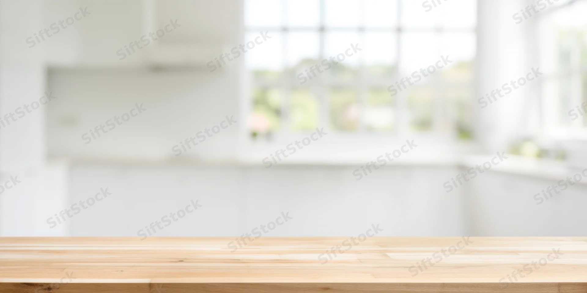Light wooden table in a bright minimalist kitchen with white cabinets and window in background
