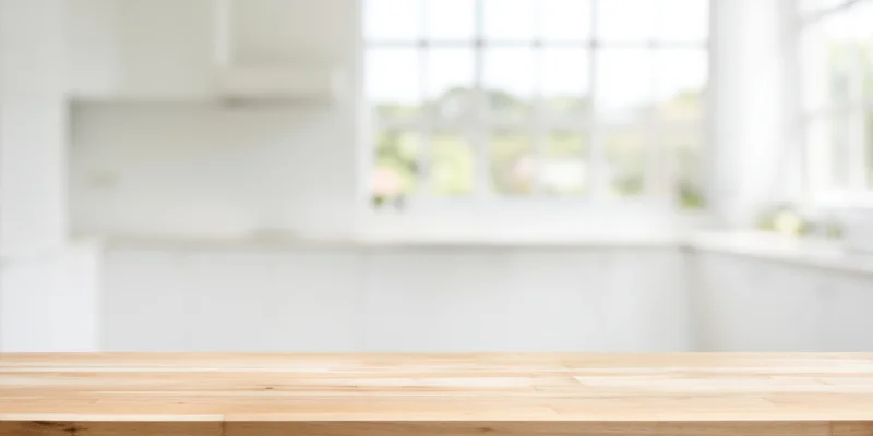 Light wooden table in a bright minimalist kitchen with white cabinets and window in background
