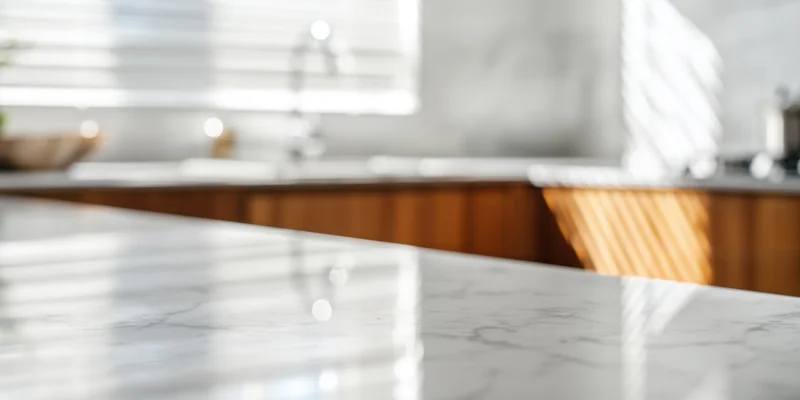 White marble countertop in minimalist kitchen with wooden cabinetry and window blinds