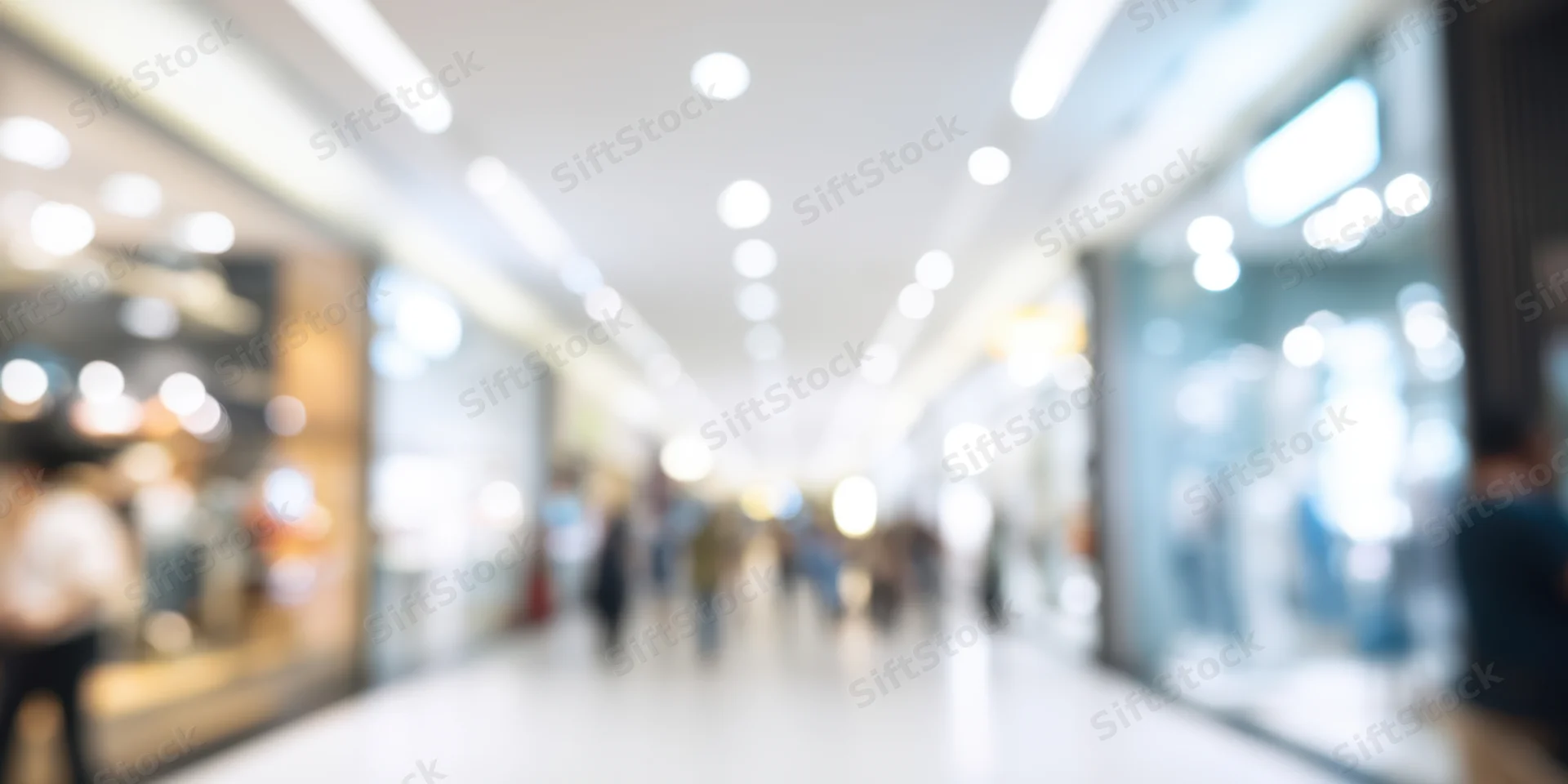 Blurred view of people walking through a bright modern shopping mall corridor with bokeh lights and glass storefronts