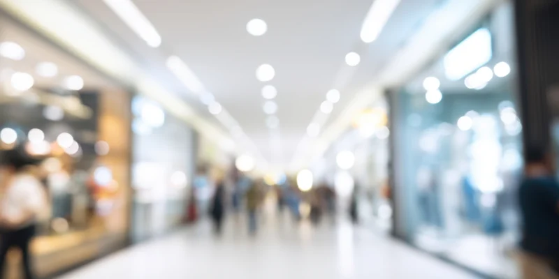Blurred view of people walking through a bright modern shopping mall corridor with bokeh lights and glass storefronts