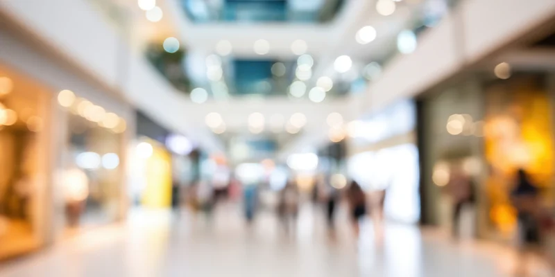 Blurred view of people walking through a bright modern shopping mall corridor