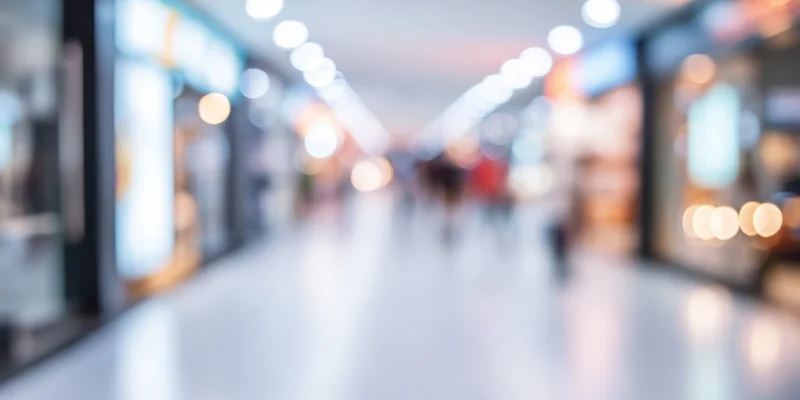 Blurred view of a modern shopping mall corridor with bokeh lights and storefronts