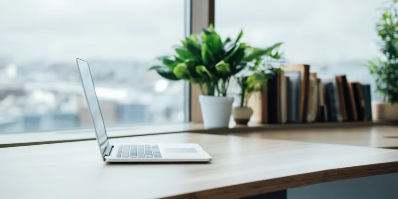 Silver laptop open on wooden desk by window with city view and indoor plants