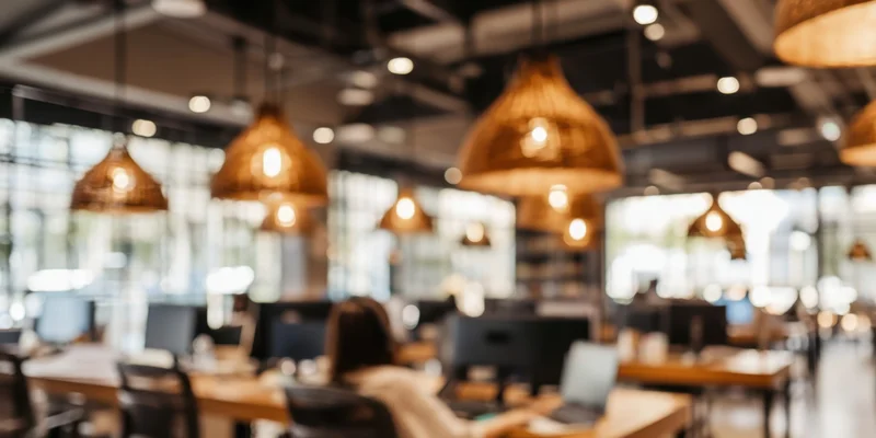Woman working at wooden desk in open-plan office with pendant lights and computer screens