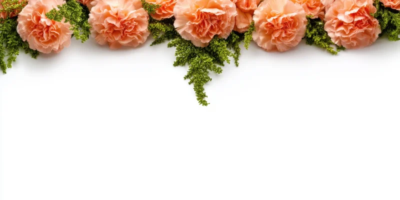 Peach carnations and green filler arranged in a floral border across the top of a white background