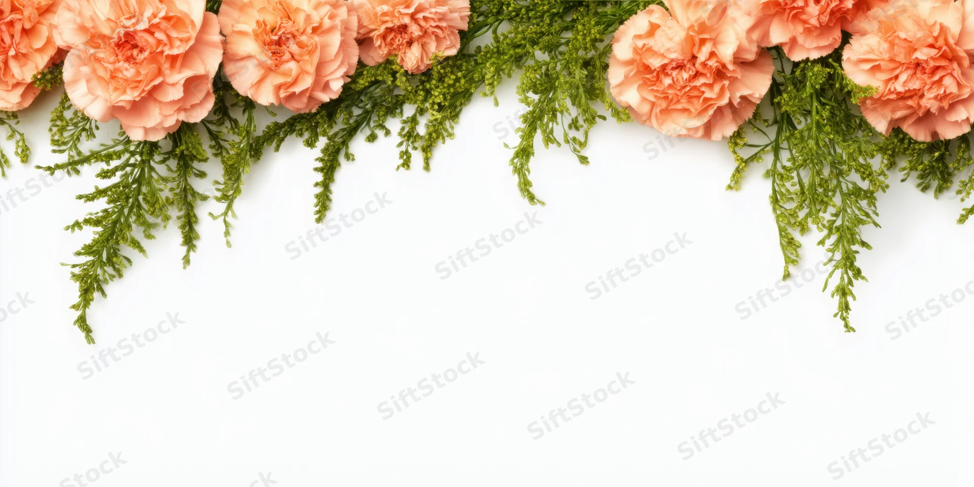 Peach carnations and green foliage arranged in a border along the top of a white background
