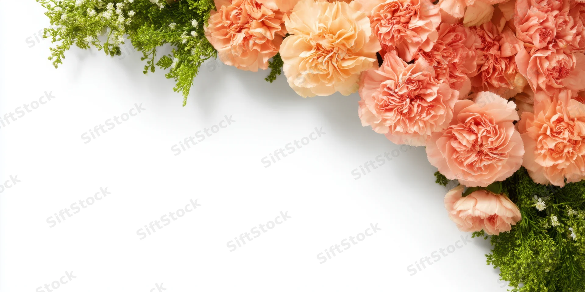 Peach carnations and green filler arranged in a corner on white background with copyspace