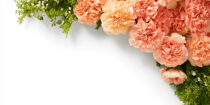 Peach carnations and green filler arranged in a corner on white background with copyspace