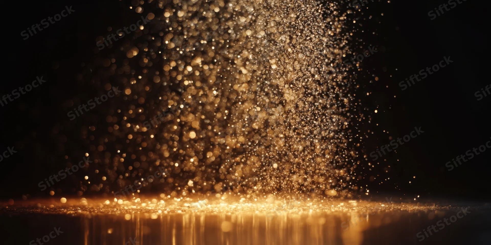 Golden bokeh particles cascading downward over a reflective surface in a dark space