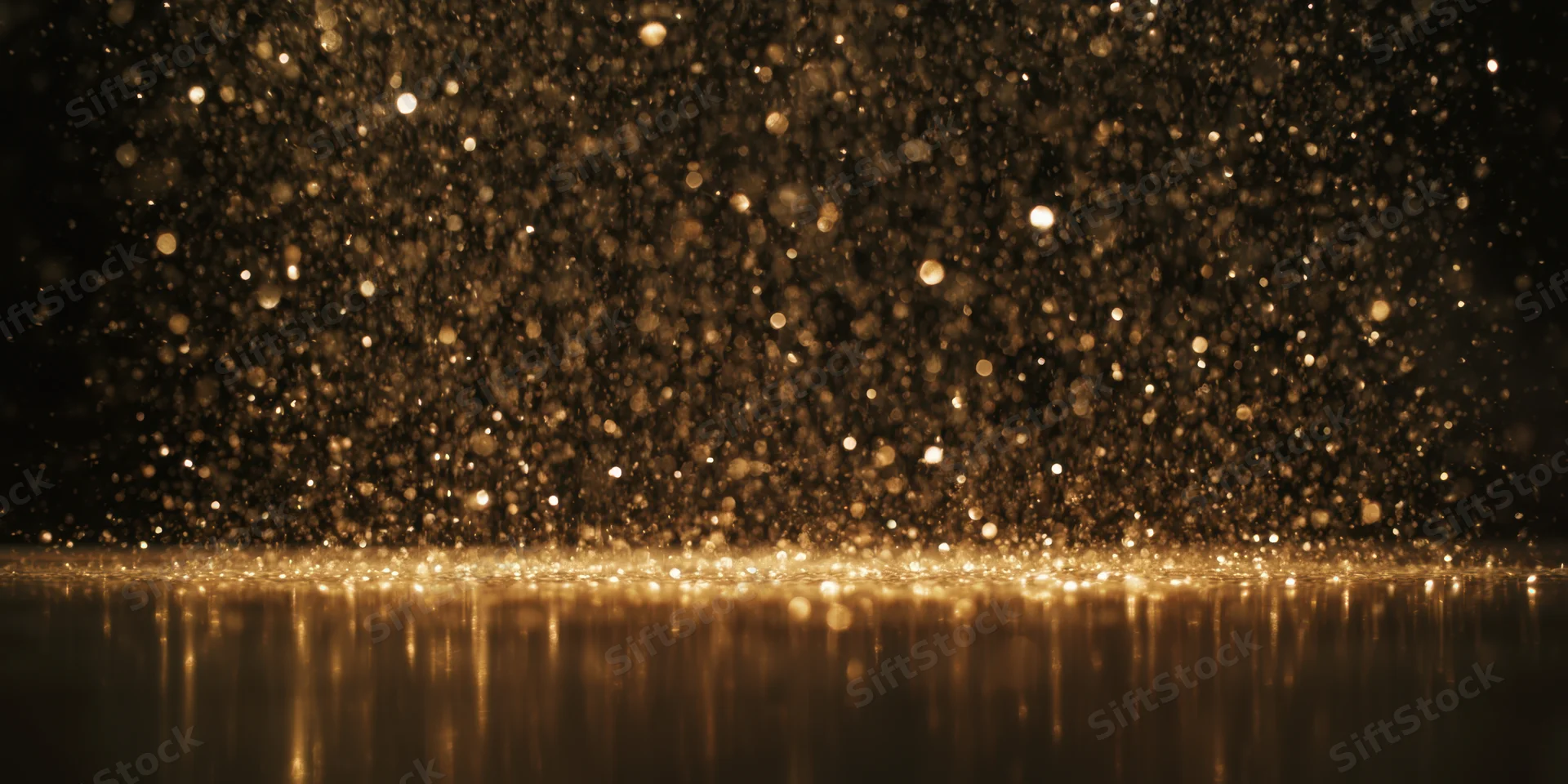 Golden bokeh particles drifting downward over a reflective dark surface