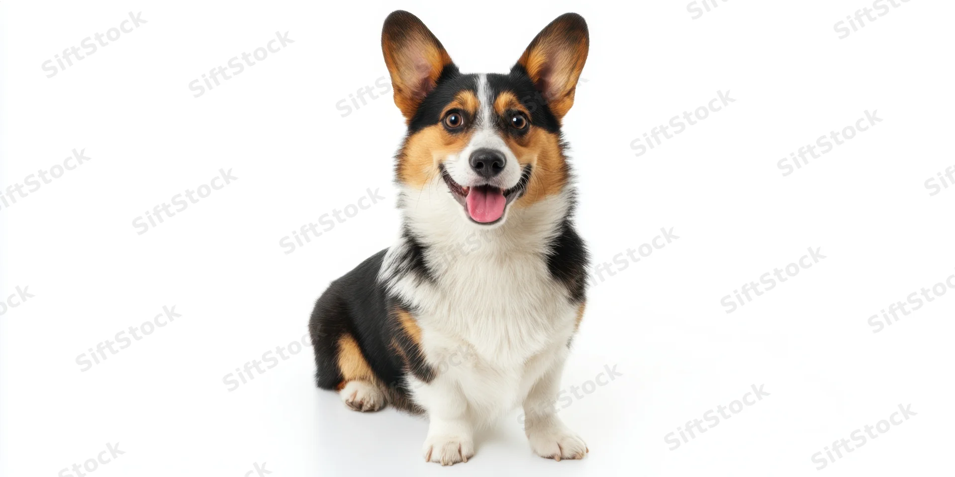 Cheerful corgi sitting with tongue out on white background
