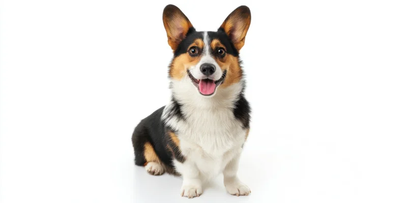 Cheerful corgi sitting with tongue out on white background