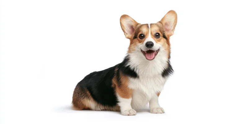 Cheerful corgi sitting on white background with tongue out