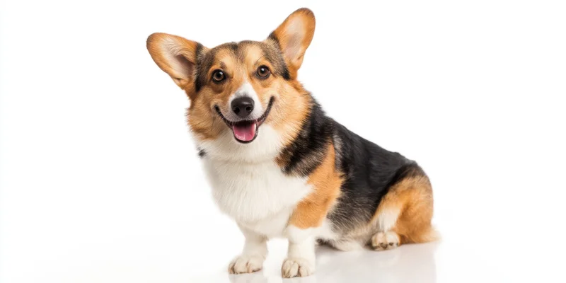 Cheerful corgi sitting on white background with tongue out and ears up