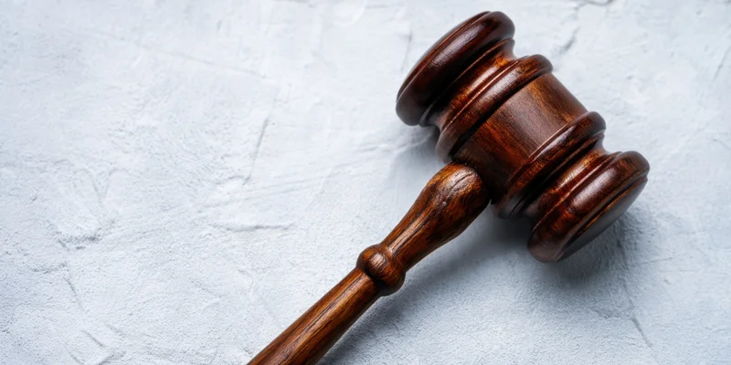 Polished wooden gavel resting on textured light gray surface