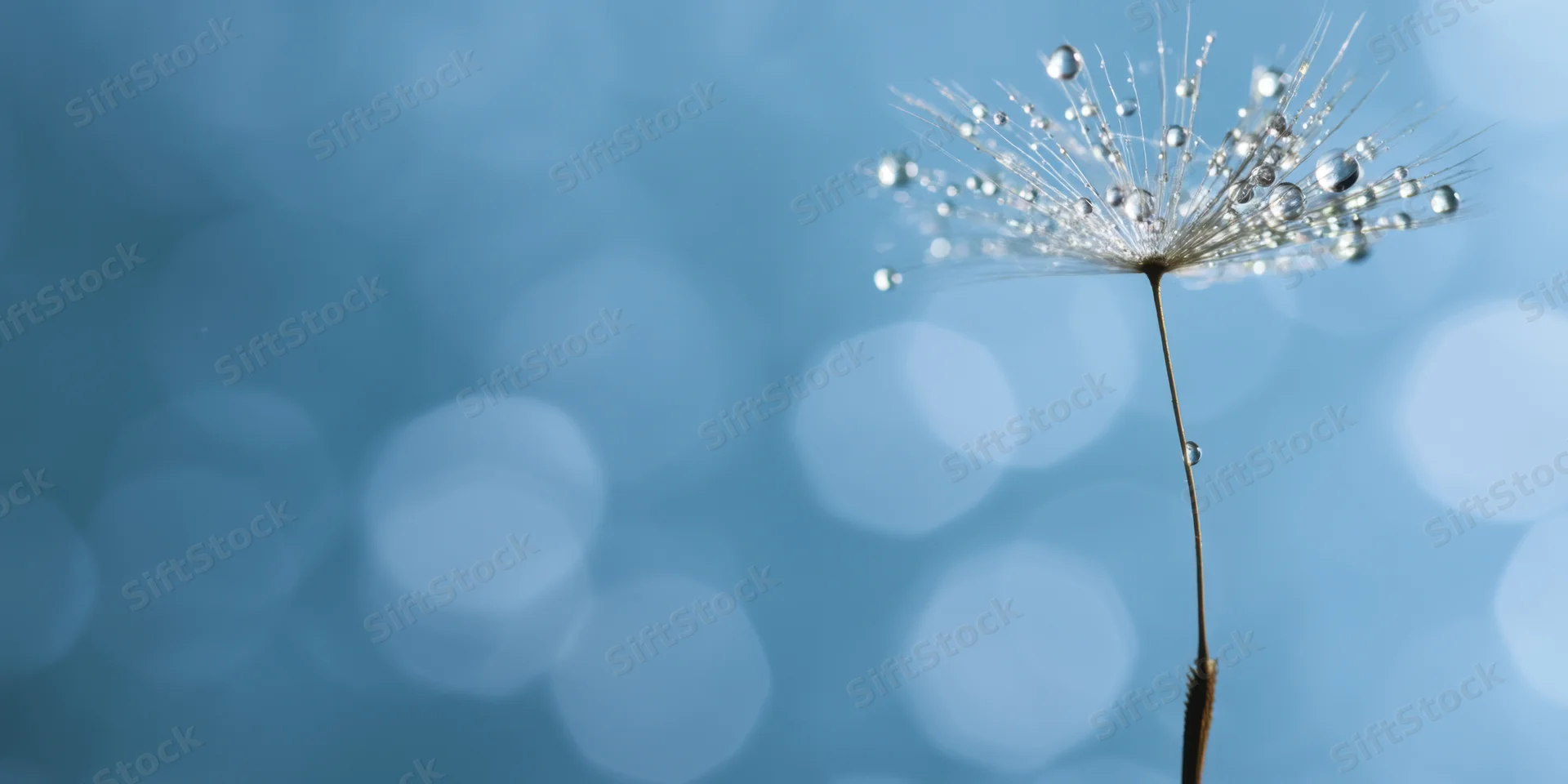 Single dandelion seed head with dew droplets on a blue bokeh background