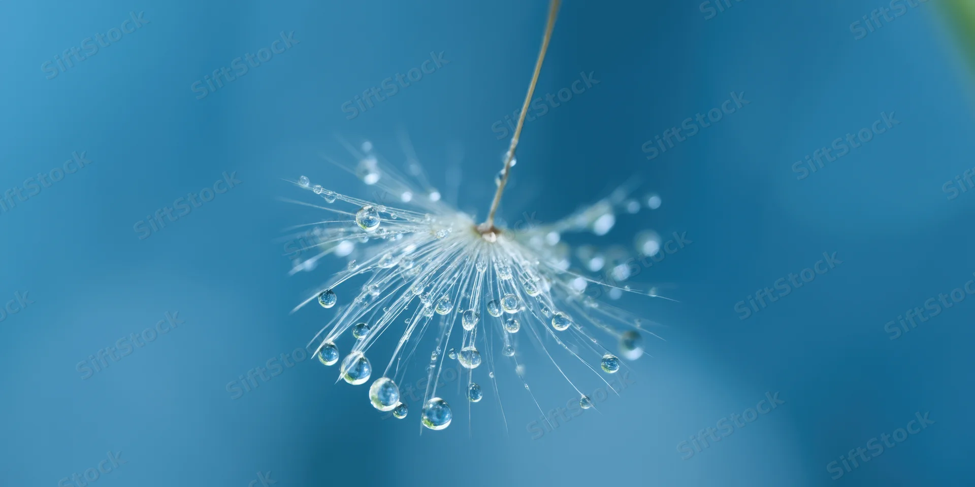 Single dandelion seed with dew droplets suspended against a blue background