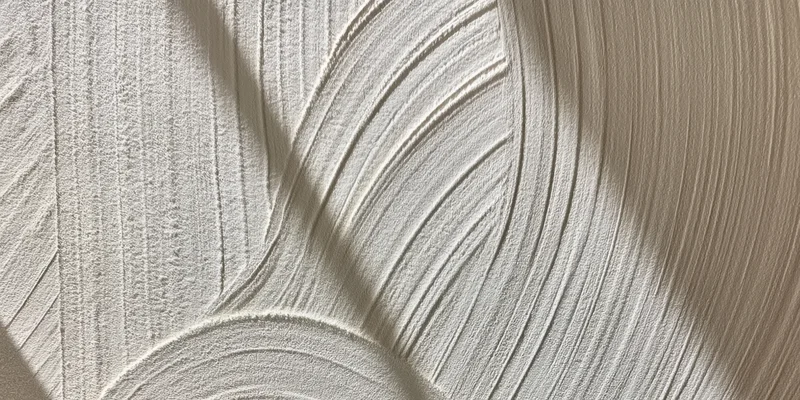 Close-up of off-white plaster surface with curved ridged texture and light shadow patterns