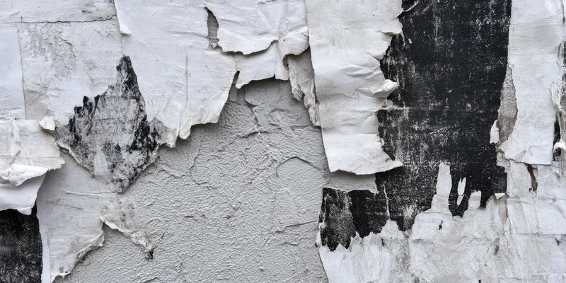 Close-up of a weathered urban wall with torn and peeling white paint revealing black and gray layers beneath