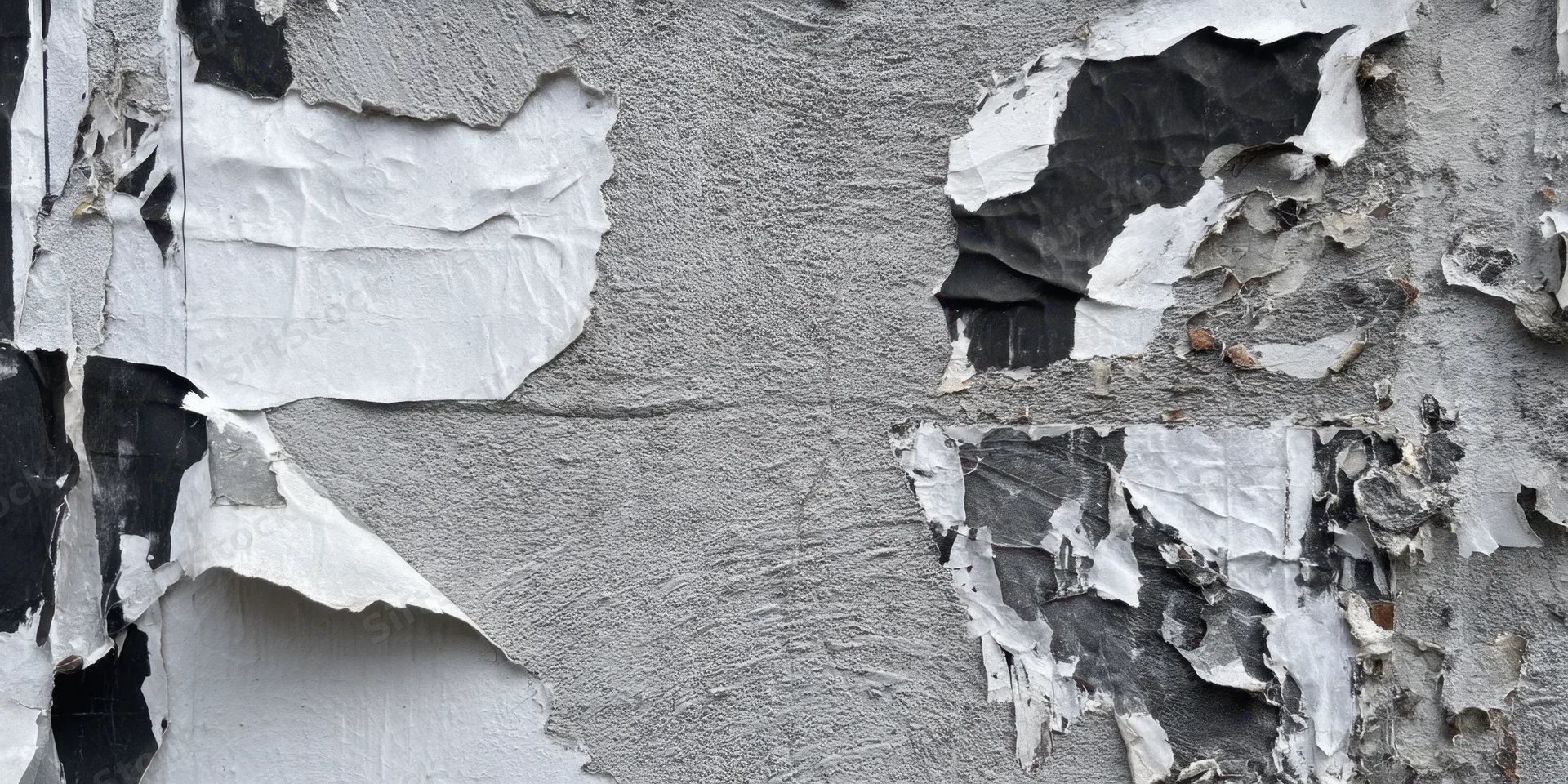 Close-up of a weathered urban wall with peeling paint and torn paper posters