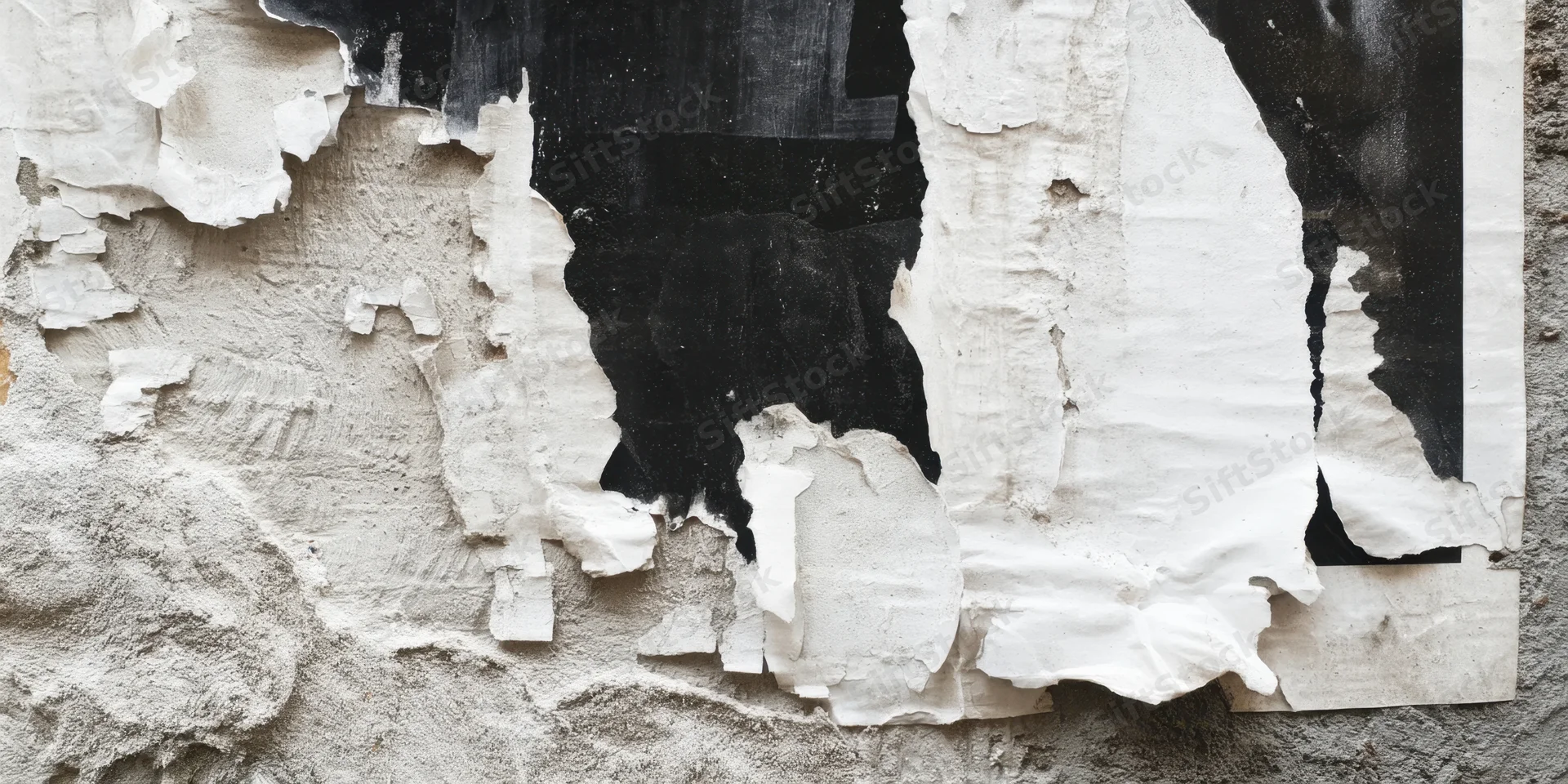 Torn posters peeling from a weathered urban wall