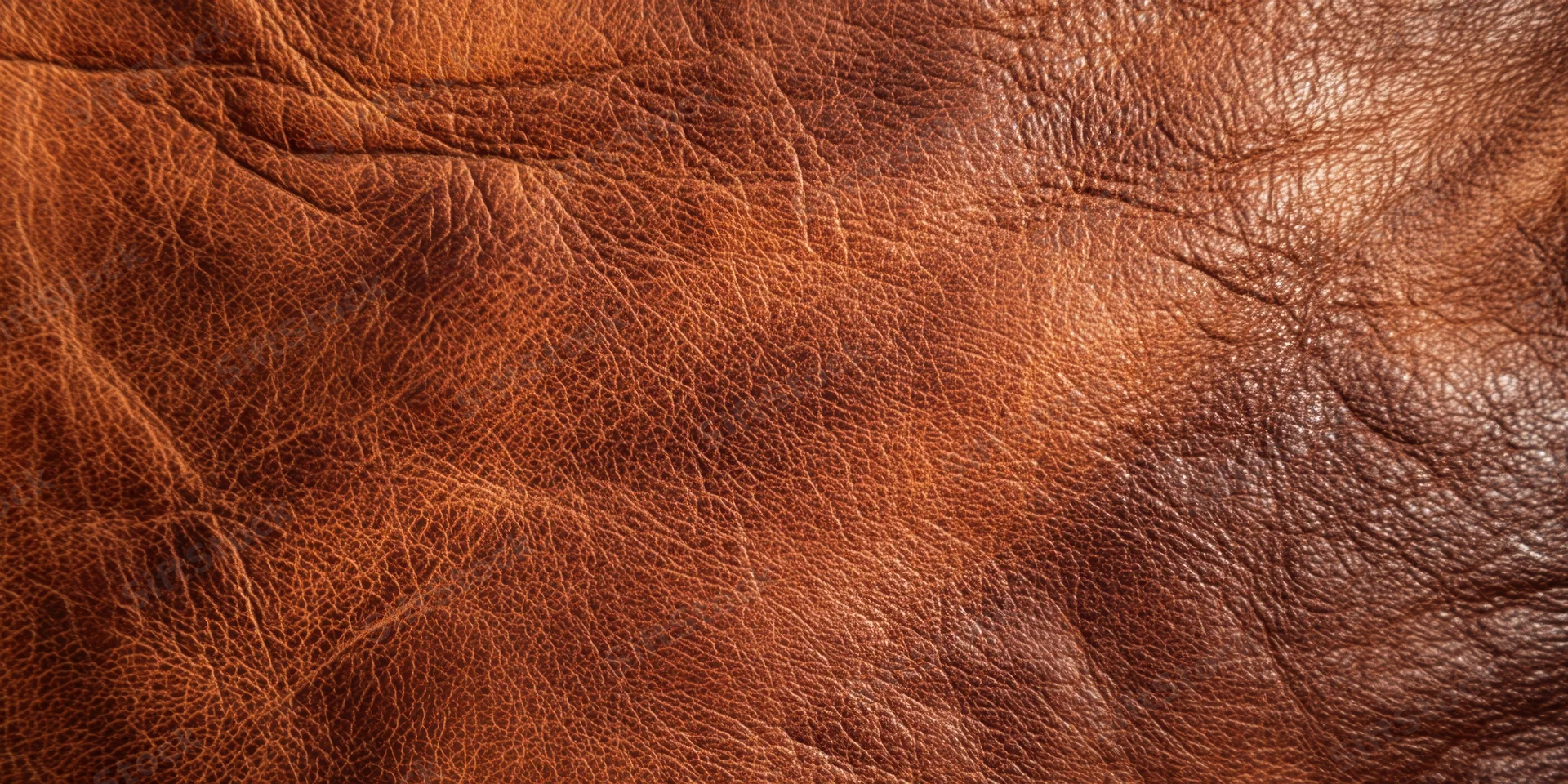 Close-up of aged brown leather with visible grain and patina showing texture and wear