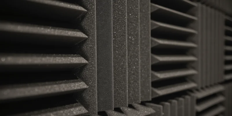 Dark acoustic foam panels arranged in a grid pattern for sound absorption in a studio environment