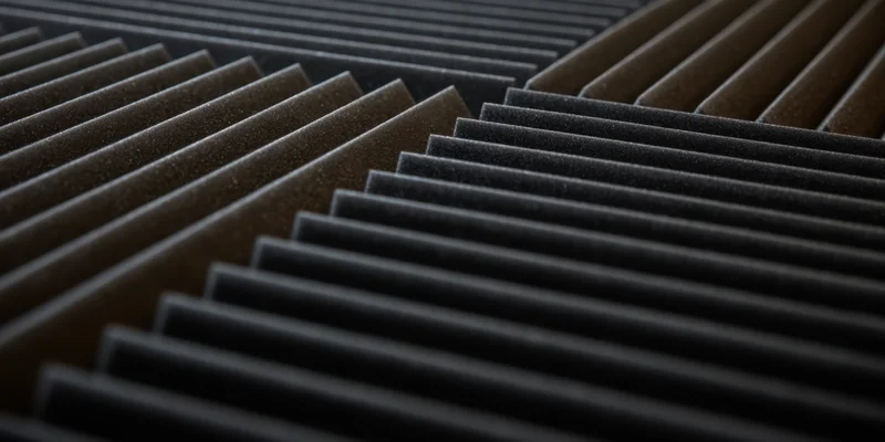 Close-up of dark acoustic foam panels arranged in a grid pattern on a studio wall