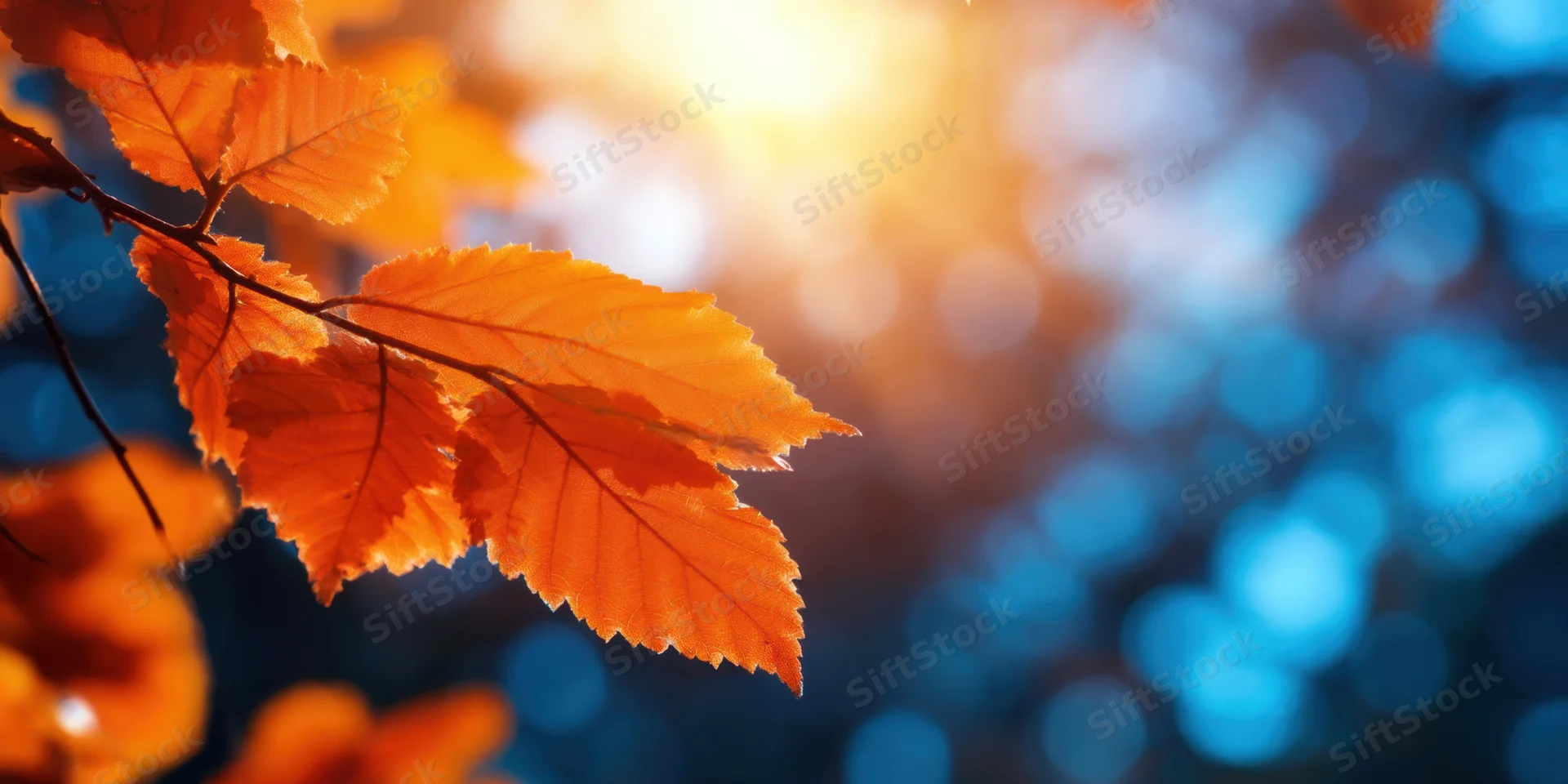Orange autumn leaves on a slender branch backlit by sunlight with blue bokeh background