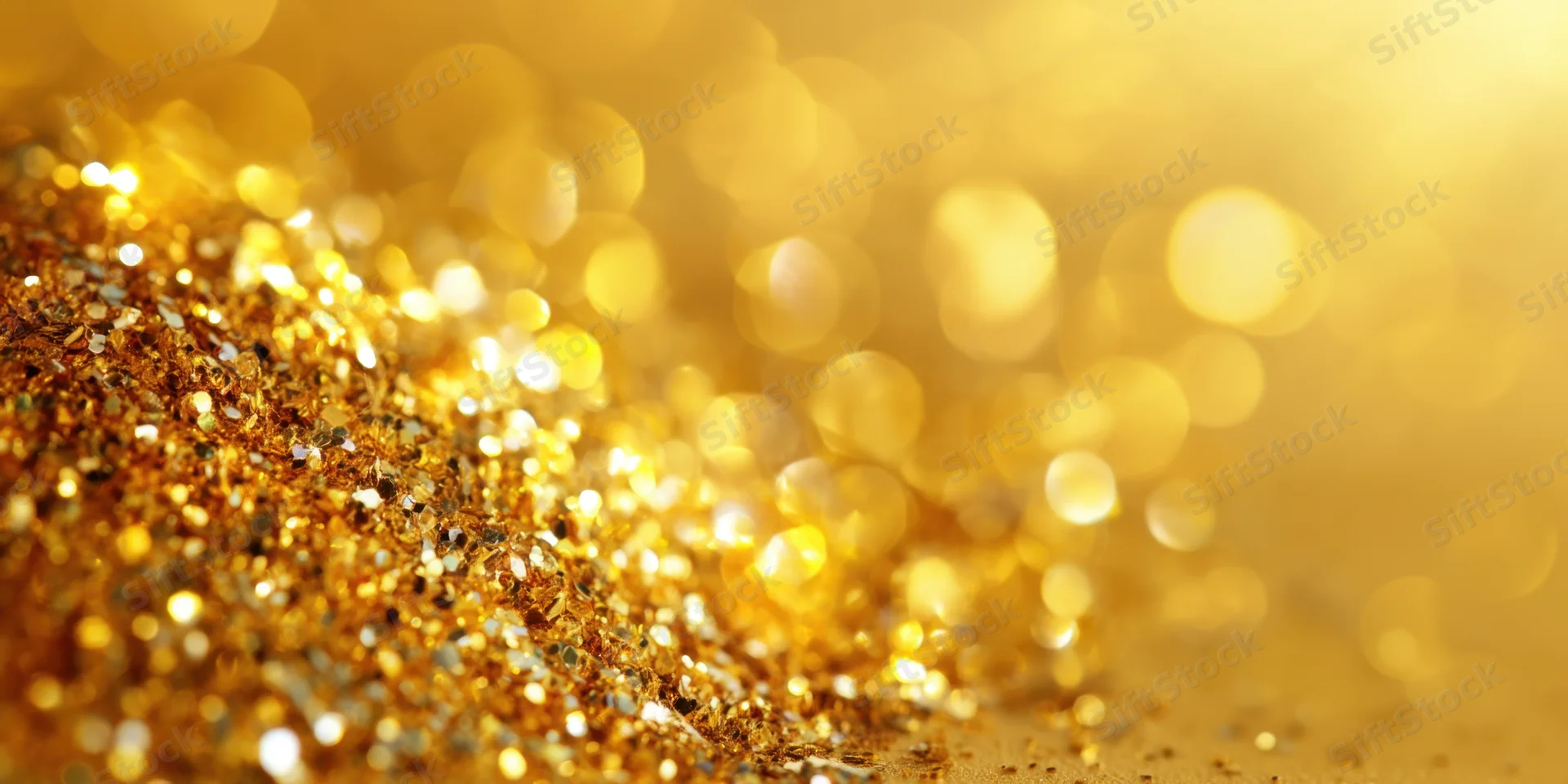 Close-up of shimmering gold glitter with soft bokeh circles in the background