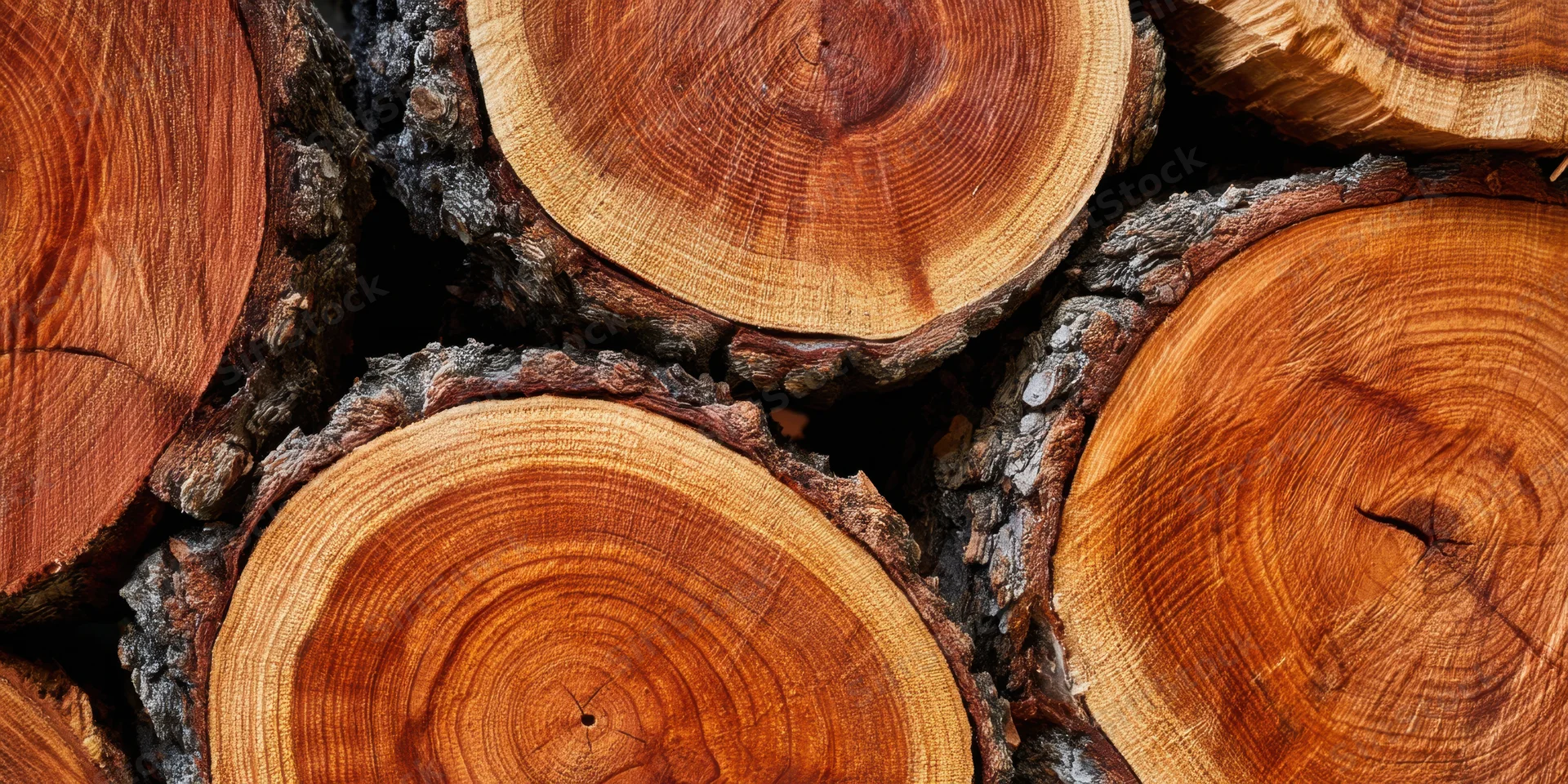 Stacked log cross-sections showing growth rings and bark texture