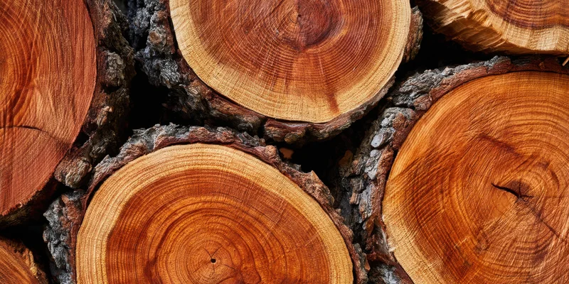 Stacked log cross-sections showing growth rings and bark texture