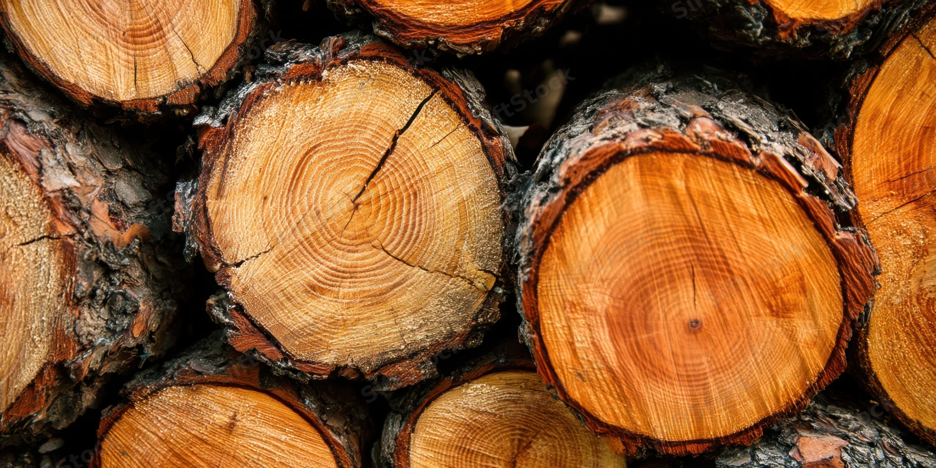 Stacked log cross-sections showing growth rings and bark details