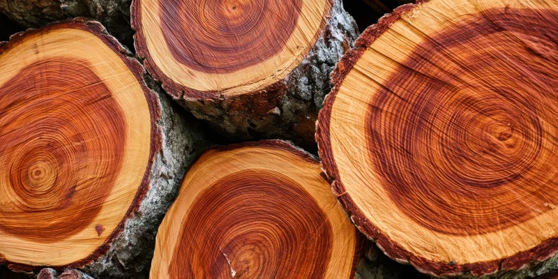 Stacked log cross-sections showing growth rings and wood grain