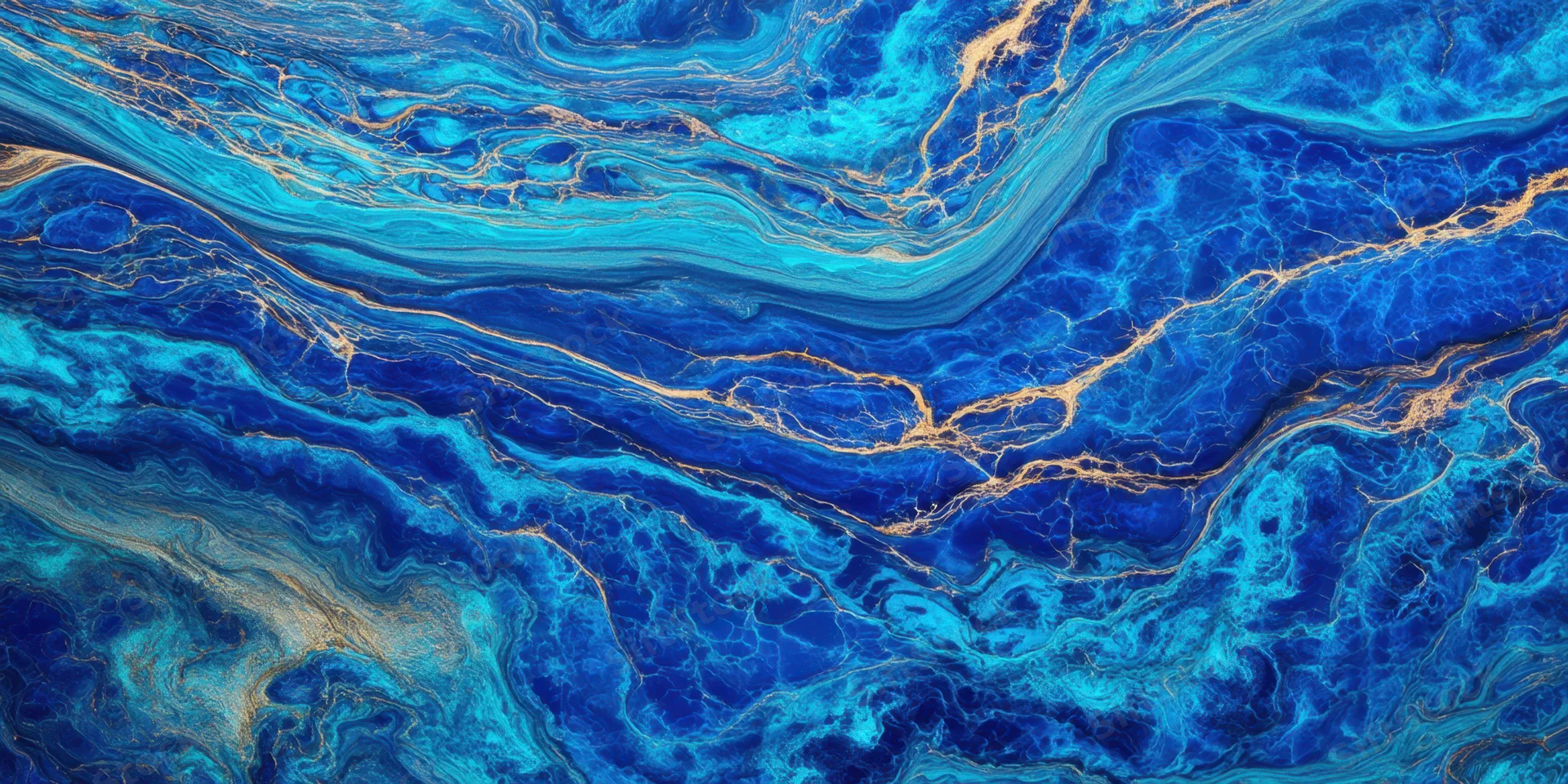 Swirling cobalt blue and turquoise marble pattern with gold veining